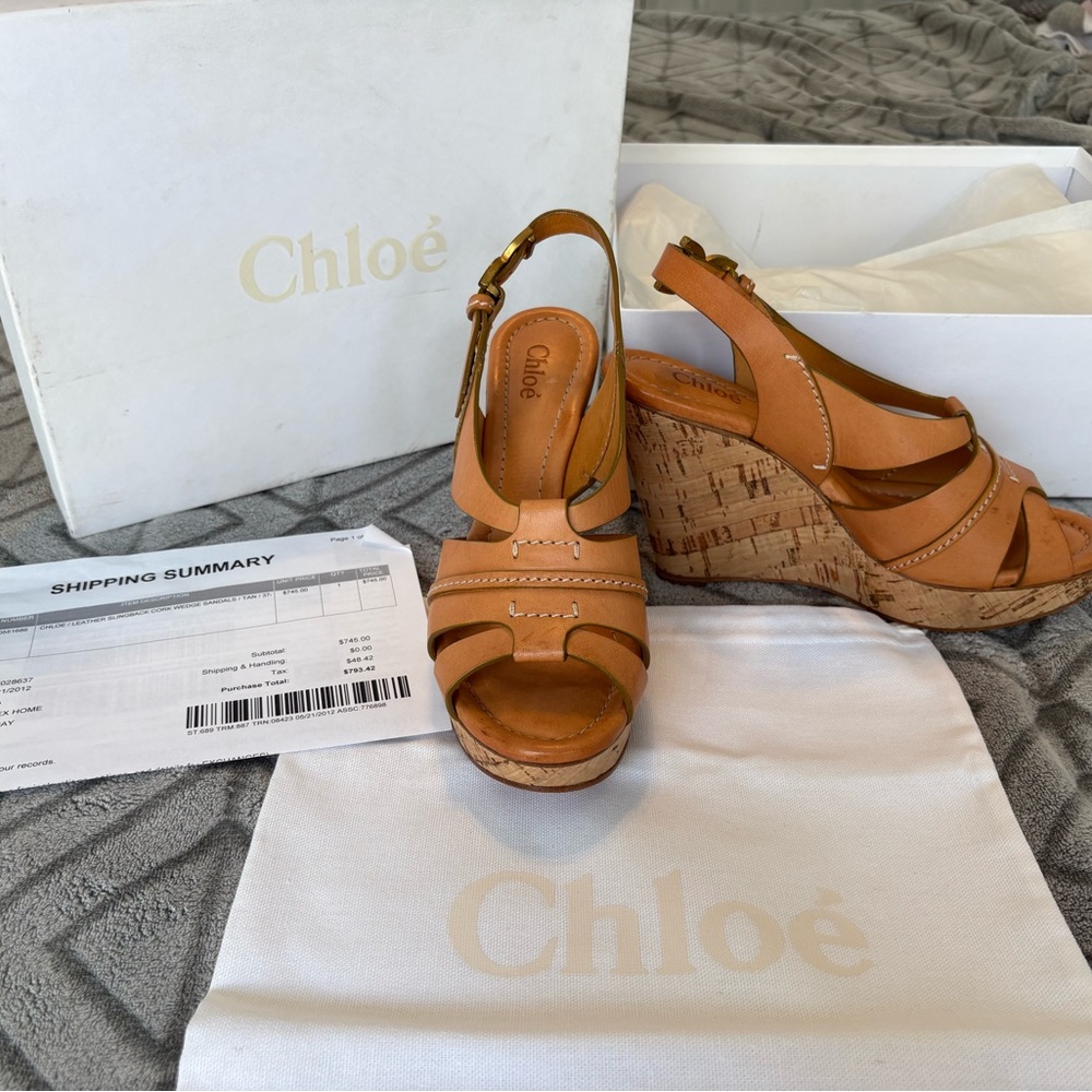 Chloé Tan Leather Cork Wedge Sandals